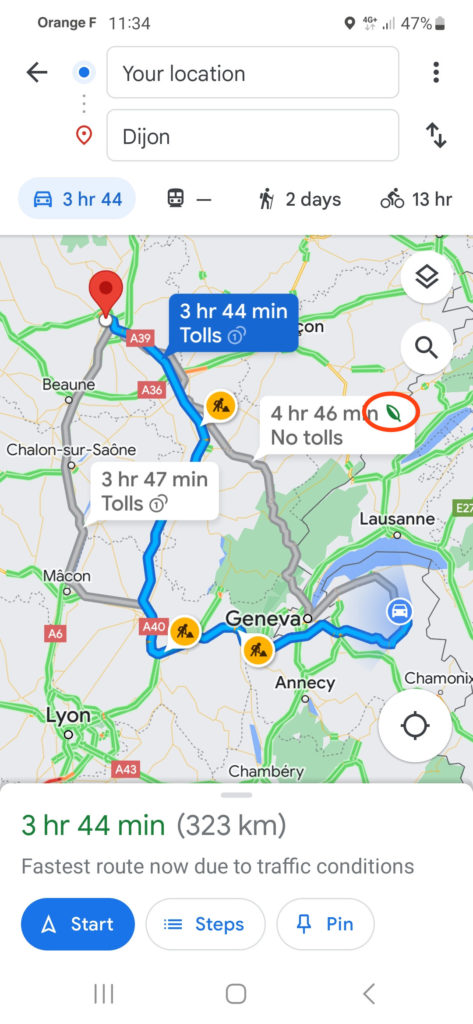 Keep an eye out from the "eco" route suggestions in Google
